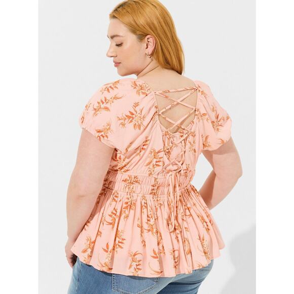 NWT Torrid Washable Crinkle Gauze Cris Cross Back Top Peach Floral Blouse 3 3X - Picture 4 of 7